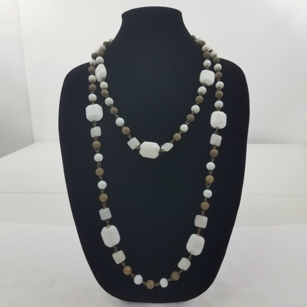 Glass Beaded Necklace White Gold Tone Multi Strand‎
